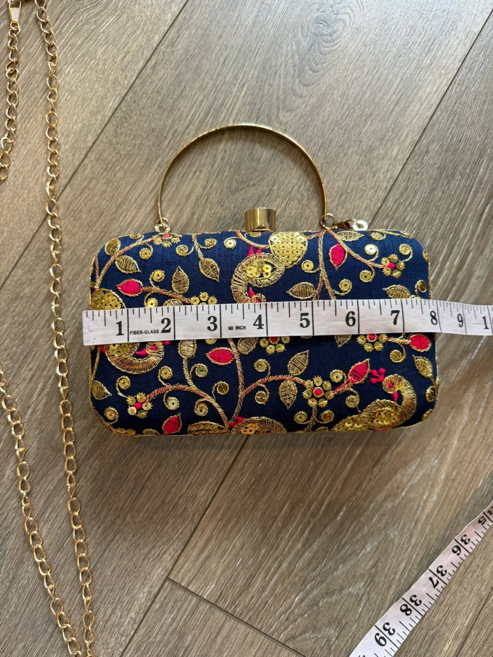 Longing to Buy Handmade Designer Box Clutch Zari Embroidered Navy Gold Floral